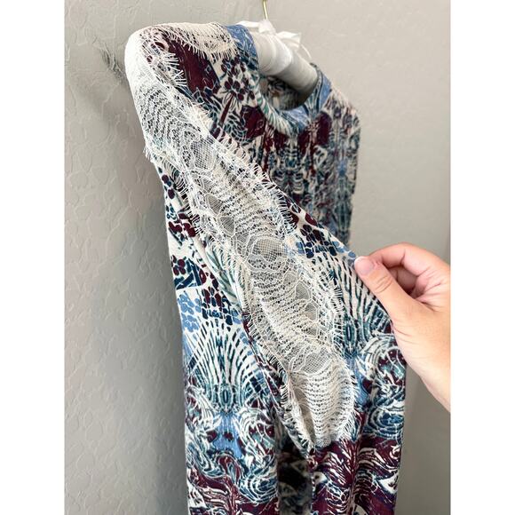 FREE PEOPLE Boho Print Lace Detail High Neck Keyhole Long Sleeve Top | Large - Picture 4 of 9